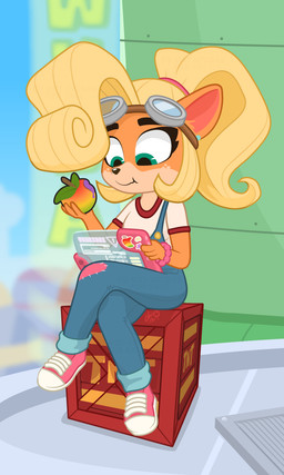 anthro city city_background clothing eyewear female food freckled_face freckles fruit goggles hair overalls plant pompadour ponytail solo tablet_computer tnt_crate wumpa_fruit dm29 activision crash_bandicoot_(series) coco_bandicoot bandicoot mammal marsupial 3:5 hi_res