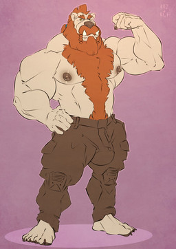 anthro big_bulge big_muscles body_hair bottomwear brown_nipples brown_nose bulge chest_hair clothed clothing eyebrows flexing hair happy_trail looking_at_viewer male muscular muscular_anthro muscular_male nipples pants plantigrade red_hair solo standing thick_eyebrows topless tusks yellow_eyes kazushi nurthug maul_(nurthug) bear humanoid hybrid mammal orc 2016 hi_res