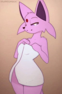 anthro anthrofied areola bedroom_eyes blowing_kiss bouncing_breasts breasts female flashing flashing_breasts forked_tail genitals hand_on_hip legs_together looking_at_viewer medium_breasts narrowed_eyes nipples nude nude_anthro nude_female open_towel pokemorph presenting presenting_breasts presenting_vulva purple_areola purple_nipples seductive solo standing tail three-quarter_view towel towel_drop towel_only unusual_anatomy unusual_tail vulva conditional_dnp pawpadcomrade nintendo pokemon eeveelution espeon generation_2_pokemon pokemon_(species) 2025 2:3 2d_animation animated frame_by_frame no_sound short_playtime webm