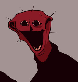 ambiguous_gender black_mouth excited grey_background happy open_mouth open_smile pink_sclera pink_teeth red_body red_insides red_skin simple_background smile solo teeth gooseworx the_boiled_one_phenomenon phen-228 humanoid monster monstrous_humanoid 2024 colored english_description shaded