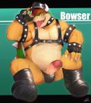 2018 4_fingers absurd_res anthro armband biker_cap biped boots bowser bulge claws clothed clothing collar erection fingerless_gloves fingers footwear foreskin front_view g-string genitals gloves green_background hair hand_on_knee hand_on_leg handwear harness hat headgear headwear hi_res horn humanoid_genitalia humanoid_penis koopa leather leather_clothing leather_daddy leather_hat leather_headgear leather_headwear looking_at_viewer male mario_bros musclegut muscular muscular_anthro muscular_male navel nintendo open_mouth overweight overweight_anthro overweight_male partially_clothed penis poking_out presenting presenting_penis rabbitdx26 red_eyes red_hair scales scalie shell simple_background sitting slightly_chubby solo spiked_armband spiked_collar spikes teeth text tongue tongue_out underwear yellow_body yellow_scales