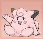 animate_inanimate anthro clefairy female generation_1_pokemon genitals heshieokf hi_res living_plushie nintendo pink_body plushie pokemon pokemon_(species) presenting presenting_pussy pussy semi-anthro signature simple_background solo spread_legs spreading stitch_(sewing)