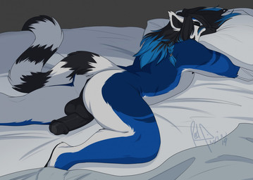 anthro anus backsack balls bed biped black_penis blue_body blue_fur butt eyes_closed flaccid foreskin fur furniture genitals hair humanoid_genitalia humanoid_penis long_hair lying male markings multicolored_body multicolored_fur nude on_bed on_front partially_retracted_foreskin penis penis_backwards pillow sleeping solo striped_markings striped_tail stripes tail tail_markings tight_foreskin two_tone_body two_tone_fur white_body white_fur redpixie lune_(lunecatta) lemur mammal primate ring-tailed_lemur strepsirrhine 2019 digital_media_(artwork)