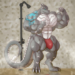 abs anthro arm_tattoo barazoku biceps big_bulge big_muscles blue_eyes bulge claws clothing digitigrade dominant flexing flexing_bicep front_view grey_body grin happy huge_muscles looking_at_viewer male multicolored_body muscular muscular_anthro muscular_male paws pecs pose shower simple_background smile soap soap_bubbles solo spikes standing steam swimwear tail tattoo teasing two_tone_body two_tone_tail underwear water white_body kardukk signirsol mythology kardukk_(character) dragon kobold mythological_creature mythological_scalie reptile scalie 1:1 digital_media_(artwork) hi_res shaded