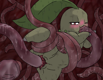 bdsm blush bodily_fluids bondage bound clitoris fellatio female feral flower_pussy flower_vagina foreskin genital_fluids genitals oral penetration penile penis restrained sex tentacles unusual_anatomy unusual_genitalia unusual_vulva vaginal vaginal_fluids vulva jackerwobb nintendo pokemon chikorita generation_2_pokemon pokemon_(species)