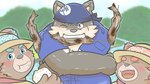 anthro cooking dual_wielding eating group holding_object holding_weapon male one_eye_closed scar scout_uniform trio weapon wink tullys_dallies lifewonders tokyo_afterschool_summoners fire_ciramantep moritaka_(tas) water_ciramantep bear canid canine canis domestic_dog fish mammal marine 16:9 hi_res widescreen