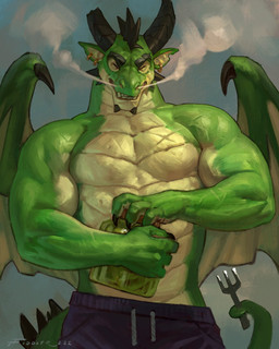 2_horns anthro biceps black_bottomwear black_clothing black_hair black_shorts bottomwear broken_horn chest_scar claws clenched_teeth clothed clothing cutlery ear_piercing ear_ring ear_scar eye_scar eyes_closed facial_scar facial_spikes finger_claws food fork green_body green_scales hair horn horned_beard kitchen_utensils male membrane_(anatomy) membranous_wings multicolored_body multicolored_scales muscular muscular_anthro muscular_male notched_ear pecs pickle_(food) pickle_jar piercing plated_scales prehensile_tail ring_piercing scales scar sharp_teeth shorts simple_background solo spikes spikes_(anatomy) steam steam_from_nostrils tail tail_spines tan_body tan_scales teeth text tools topless two_tone_body two_tone_scales vein ventral_scales wings x_scar taran_fiddler mythology dragon mythological_creature mythological_scalie scalie 2022 4:5 artist_name dated digital_media_(artwork) hi_res signature