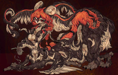black_body black_fur braided_hair breasts claws feathered_wings feathers featureless_breasts feet female fur hair inner_ear_fluff long_body long_hair long_tail looking_at_viewer lying medium_breasts multi_leg multi_limb red_background red_body red_eyes red_fur red_hair simple_background solo tail talons toes tuft white_body white_fur wings devilfish_(artist) hybrid species_request taur digital_drawing_(artwork) digital_media_(artwork) full-length_portrait hi_res portrait