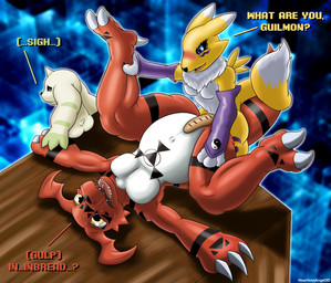 anthro blush bread breasts butt claws countershading featureless_breasts female food group humor lying male male/female mostly_nude nude on_back pun spread_legs spreading text trio heartlessangel3d bandai_namco digimon canid digimon_(species) guilmon mammal renamon terriermon absurd_res english_text hi_res