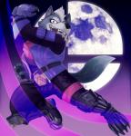 action_pose clothed clothing fur male moon open_mouth pose simple_background smile solo supermoon spectral-bat nintendo star_fox super_smash_bros. wolf_o'donnell canid canine canis mammal wolf absurd_res hi_res