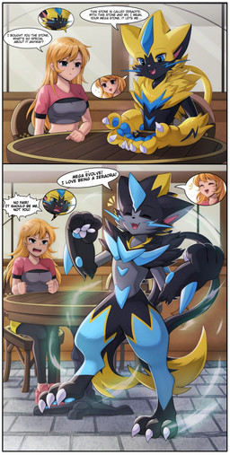 anthro biped body_swap breasts claws clothed clothed_female clothed_human clothing duo female fingers front_view fur hair mega_stone navel nude nude_anthro sitting smile standing tail text zeraorite donutella nintendo pokemon pokemon_legends_z-a generation_7_pokemon generation_9_pokemon human legendary_pokemon mammal mega_evolution mega_zeraora pokemon_(species) zeraora 2026 absurd_res digital_drawing_(artwork) digital_media_(artwork) english_text hi_res