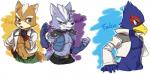 belt bottomwear clothed clothing collar grin male open_clothing open_shirt open_topwear open_vest pants scanner shirt smile teeth topwear vest nintendo star_fox falco_lombardi fox_mccloud wolf_o'donnell avian canid canine canis fox mammal wolf hi_res