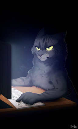 ambiguous_gender angry cheek_tuft electronics facial_tuft feral fur glistening glistening_eyes grey_body grey_fur keyboard monitor mouth_closed narrowed_eyes no_sclera pupils semi-anthro slit_pupils solo text tuft whiskers yellow_eyes unknowhiter 2015 artist_name
