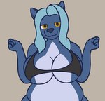 anthro big_breasts blue_body blue_fur blue_hair bouncing_breasts breasts female female_anthro fur hair looking_at_viewer overweight overweight_anthro overweight_female simple_background smile solo white_body white_fur yellow_sclera heftyhorsehostler canid canine canis mammal wolf 2019 2d_animation animated loop short_playtime