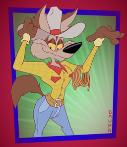 abstract_background anthro blue_bottomwear blue_clothing blue_jeans blue_pants bottomwear brown_body brown_fur cheek_tuft clothing cowboy cowboy_hat denim denim_bottomwear denim_clothing ear_tuft facial_tuft fur gesture half-closed_eyes hat headgear headwear jeans lasso male multicolored_body narrowed_eyes pants pattern_clothing pattern_shirt pattern_topwear plaid plaid_clothing plaid_shirt plaid_topwear shirt smug solo tipping_hat toony topwear tuft two_tone_body waving gavanzude looney_tunes warner_brothers wile_e._coyote canid canine canis coyote mammal alternate_version_at_paywall digital_drawing_(artwork) digital_media_(artwork) hi_res signature