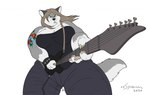 anthro arm_tattoo big_breasts bottomwear breasts brown_hair clothing electric_guitar female fur grey_body grey_fur guitar hair heart_tattoo multicolored_body multicolored_fur musical_instrument pants plucked_string_instrument shirt simple_background solo speech_scroll string_instrument tattoo teeth text thick_thighs topwear two_tone_body two_tone_fur white_background xxsparcoxx sophia_(xxsparcoxx) canid canine canis mammal wolf 2020 artist_name digital_media_(artwork) flat_colors