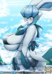 anthro big_breasts bikini blue_body blush breasts clothing dessert female food fur huge_breasts ice_cream looking_at_viewer outside qr_code seascape sky solo swimwear two-piece_swimsuit water moodang nintendo pokemon eeveelution generation_4_pokemon glaceon mammal pokemon_(species) absurd_res hi_res