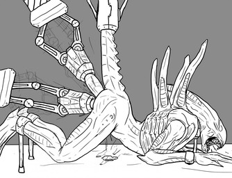 ambiguous_gender ambiguous_penetration anthro bdsm bondage bound cuff_(restraint) cuffed_ankles cuffed_wrists double_penetration machine not_furry on_ground open_mouth penetration questionable_consent restraints solo tail tail_restraint teeth methados alien_(franchise) alien xenomorph 2014 monochrome female_(lore)