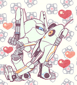 antennae_(anatomy) artificial_intelligence blue_eyes duo eye_contact hand_holding heart_symbol looking_at_another machine not_furry orange_eyes pattern_background simple_background standing turret white_body sanjiro portal_(series) valve valve_corporation atlas_(portal) p-body_(portal) weighted_companion_cube humanoid inanimate_object robot robot_humanoid digital_media_(artwork) full-length_portrait portrait