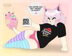 anthro bedhead beverage black_clothing black_shirt black_topwear bulge clothing coffee coffee_mug container cup ear_piercing femboy footwear fur hair legwear male mug multicolored_body multicolored_fur panties panties_bulge pattern_clothing pattern_legwear piercing pink_body pink_clothing pink_hair pink_panties pink_underwear shirt simple_background smile smiling_at_viewer socks solo speech_bubble stockings striped_clothing striped_legwear stripes t-shirt topwear underwear deaniealaska nintendo pokemon fan_character generation_3_pokemon pokemon_(species) skitty absurd_res hi_res