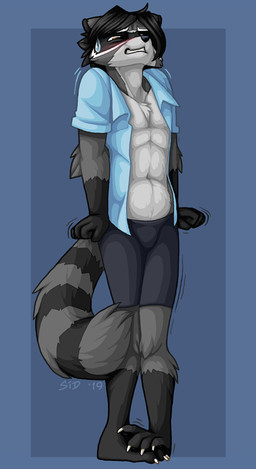 anthro black_body black_fur bladder_bulge bodily_fluids bottomwear california_raccoon clothed clothing desperation fluffy full_bladder fur genital_fluids grey_body grey_fur knock-kneed male multicolored_body multicolored_fur omorashi organs pants shirt solo striped_body striped_fur stripes sweat sweatdrop topwear white_body white_fur punkrockvampire sonador mammal procyonid raccoon