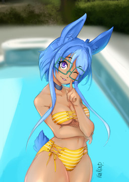 bikini bikini_bottom bikini_top blue_hair breasts brown_body cleavage clothed clothing detailed_background eyebrows eyelashes eyewear female glasses hair looking_at_viewer one_eye_closed open_mouth partially_clothed poolside purple_eyes solo swimwear teeth two-piece_swimsuit water krakenparty lazuli_delarosa animal_humanoid humanoid lagomorph lagomorph_humanoid leporid_humanoid mammal mammal_humanoid rabbit_humanoid 2018 signature