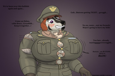 angry anthro blush breast_expansion breasts bursting_out_of_clothing button_(fastener) clothing dialogue embarrassed expansion female fur green_clothing grey_body grey_fur growling growth hair hat headgear headwear looking_down looking_down_at_self military_uniform muscle_growth necktie peaked_cap purple_eyes red_hair sloshing_breasts solo straining_buttons tan_clothing tearing_clothing torn_clothing uniform white_body white_fur world_war_2 panzerschreckleopard helen_harrison american_badger badger mammal mustelid musteline 2025 3:2 absurd_res colored hi_res