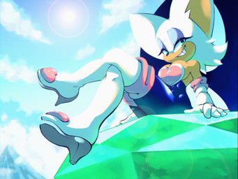 anthro boots breasts cleavage clothed clothing cloud day eyeshadow female footwear fur gem gloves green_eyes handwear high_heeled_boots high_heels legwear makeup shoes sitting sky smile solo sun tan_body tan_skin thigh_boots thigh_highs white_body white_fur nanobutts sega sonic_the_hedgehog_(series) rouge_the_bat bat mammal 2022 hi_res