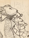 anthro black_and_tan building clothed clothing coat duo fully_clothed fur male pipe seat sign sitting smoke smoking sweater text topwear caribou_(artist) cervine deer elk mammal new_world_deer white-tailed_deer 2022 english_text