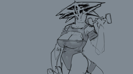 athletic_wear big_breasts breasts cleavage clothed clothing dumbbell exercise female leotard simple_background solo sweatband tail unusual_anatomy weightlifting weights workout meandraco humanoid monster monstrous_humanoid 16:9 hi_res sketch widescreen