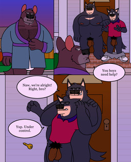 anthro balls bathrobe bikini_briefs black_body black_outline body_hair bottomwear bottomwear_down briefs brown_body chest_hair clothed clothing collared_shirt dialogue eyebrows facial_hair five_o'clock_shadow footwear foreskin full_nelson full_nelson_(arms_held) fur genitals grey_bottomwear grey_clothing grey_shorts group key male male/male mature_male muscular muscular_male mustache outdoor_nudity outline overweight pants pants_around_ankles pants_down partially_clothed penis polo_shirt pubes red_clothing red_shirt red_topwear robe shirt shoes shorts shorts_around_ankles slippers sneakers speech_bubble tail tan_body tan_fur text thick_eyebrows topwear trio underwear visible_underwear white_briefs white_clothing white_footwear white_shoes white_sneakers white_underwear eddicus edgar_(eddicus) joel_(eddicus) keith_(eddicus) canid canine canis dasyurid dasyuromorph domestic_dog husky mammal marsupial nordic_sled_dog spitz tasmanian_devil absurd_res comic english_text hi_res brother_(lore) brothers_(lore) sibling_(lore)