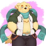 anthro belly blush clothed clothing fur green_eyes jacket male navel_tattoo open_clothing open_jacket open_topwear overweight overweight_male scarf solo topwear yellow_body yellow_fur ruoain lifewonders tokyo_afterschool_summoners cu_sith_(tas) bird_dog canid canine canis domestic_dog golden_retriever hunting_dog mammal retriever 1:1 hi_res