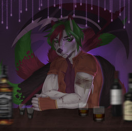 anthro bandage bandaged_arm beverage black_body black_fur black_nose blood bodily_fluids bottle brown_clothing brown_topwear clothed clothing container dipstick_ears dipstick_tail ear_markings front_view fur glistening glistening_nose green_body green_ears green_eyes green_fur green_hair hair looking_at_viewer male markings melee_weapon multicolored_ears multicolored_hair polearm purple_clothing purple_topwear red_body red_ears red_fur red_hair scythe simple_background solo tail tail_markings topwear two_tone_hair unsigned weapon white_body white_fur smogville canid mammal absurd_res hi_res