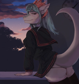 anthro arm_support asian_clothing biped black_bottomwear black_clothing black_legwear black_skirt black_thigh_highs black_topwear blue_hair bottomwear butt clock clothed clothing cloud east_asian_clothing eyebrows eyelashes female hair horn japanese_clothing japanese_school_uniform legwear long_hair looking_at_viewer looking_back looking_back_at_viewer night panties plant pleated_skirt rear_view school_uniform skirt snout solo star tail tail_under_skirt tail_upskirt thigh_highs topwear tree underwear uniform upskirt white_body merzawka mythology caitlyn_bellerose dragon mythological_creature mythological_scalie scalie wingless_dragon 2020 digital_media_(artwork) hi_res shaded