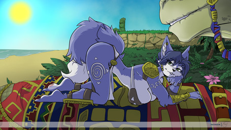 all_fours ambiguous_gender anthro armor ass_up black_nose blue_body blue_fur blue_hair bottomwear breasts clothed clothing day dipstick_tail duo ear_piercing female female_focus feral fur green_eyes hair loincloth looking_at_viewer markings multicolored_tail outside piercing solo_focus sun tail tail_markings yawg nintendo star_fox krystal_(star_fox) canid canine dinosaur fox mammal prehistoric_species reptile scalie hi_res