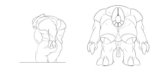1_eye abs armor big_breasts big_butt bottomwear breasts butt clothing female front_view huge_breasts huge_butt loincloth muscular muscular_female rear_view scratching_butt solo top_heavy heelipmo bungie marathon_(series) alien 2:1 absurd_res hi_res line_art monochrome sketch