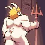 back_muscles belly big_butt blonde_hair butt fur goat_tail hair horn long_ears male melee_weapon muscular muscular_arms muscular_male polearm rear_view short_tail simple_background solo spear tail weapon white_body white_fur monsterfurryr34 undertale undertale_(series) asgore_dreemurr bovid caprine goat mammal hi_res