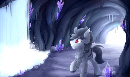 bat_wings black_hair cave clothing crystal cutie_mark feral glowing grass hair hooves male membrane_(anatomy) membranous_wings mostly_nude pattern_clothing pattern_scarf plant red_eyes rock scarf shadow smile solo striped_clothing striped_scarf stripes text water waterfall wings scarlet-spectrum hasbro my_little_pony fan_character bat_pony equid mammal 2018 full-length_portrait portrait watermark