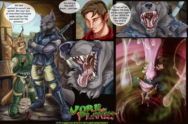 anthro anthro_pred bodily_fluids brown_body brown_fur bulge clothed clothed_male clothing dialogue forced fur grey_body grey_fur group hair hanging_from_uvula kneeling male male/male medieval medieval_clothing micro micro_abuse micro_human micro_male micro_prey mouth_shot open_mouth oral_vore pale_skin saliva standing teeth text tongue tongue_out trio unwilling_prey uvula vore willing_pred green_roon vore_planet canid canine canis caracal caracal_(genus) felid feline human mammal wolf 2020 colored comic english_text url