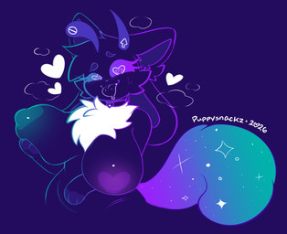 4_ears antennae_(anatomy) anthro big_breasts blush bodily_fluids breast_grab breasts chest_tuft collar curling_tail drooling eyelashes female glowing glowing_nipples gradient gradient_tail hand_on_breast heart_eyes heart_symbol holding_breast horn multi_ear nipples saliva simple_background solo sparkles sweat tail tongue tongue_out tuft puppysnackz zeropoint_(zeropointfluff) canid canine canis domestic_cat domestic_dog felid feline felis hybrid mammal 2026 half-length_portrait hi_res portrait signature