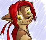 anthro arche_kruz biped black_nose brown_body brown_fur bust_portrait female fur grandfathered_content hair jessica_carmilla looking_aside looking_at_viewer low_res mammal portrait red_hair rodent sciurid side_view simple_background solo tree_squirrel yellow_eyes