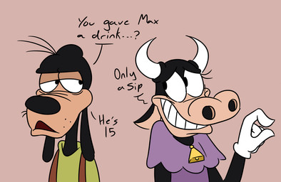 2_horns 4_fingers answer answering anthro asking asking_another bell bell_collar big_nose black_body black_collar black_eyes black_fur black_hair black_nose brown_background brown_clothing brown_topwear brown_vest clothed clothed_anthro clothed_female clothed_male clothing collar curved_horn dialogue duo eye_contact eyelashes female female_anthro fingers floppy_ears frown frowning_at_another fur gloves green_clothing green_shirt green_topwear hair half-closed_eyes handwear horn looking_at_another lop_ears male male_anthro multicolored_body name_drop name_in_dialogue narrowed_eyes nervous nervous_smile no_eyebrows no_pupils open_frown open_mouth purple_clothing purple_shirt purple_topwear red_mouth shirt short_hair simple_background smile smiling_at_another talking_to_another tan_body tan_eyelids tan_inner_ear tan_skin teeth text toothy_grin topwear two_tone_body unimpressed vest whisker_spots white_clothing white_gloves white_handwear white_horn insert-thenewbl-here disney clarabelle_cow goofy_(disney) bovid bovine canid canine canis cattle domestic_dog mammal 2025 digital_drawing_(artwork) digital_media_(artwork) english_description english_text flat_colors