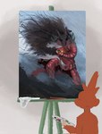 anthro armor biped black_hair brown_body brown_fur canvas fur hair looking_at_picture male mane mane_hair painting_(object) red_armor solo sincastermon bloons_tower_defense ninja_kiwi dart_monkey_(bloons) uno_(sincastermon) haplorhine mammal monkey primate colored hi_res signature