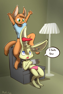 3_toes 4_fingers animal_genitalia animal_penis annoyed anthro anthro_on_anthro armchair barefoot big_ears biped black_nose blue_clothing blue_eyes blue_topwear bottomwear briefs brown_body brown_fur brown_tail bulge canine_genitalia canine_penis chair clothed clothing dialogue duo ear_knotting ear_penetration ear_piercing erection eyebrows feet fingers fur furniture gauged_ear genitals green_eyes head_tuft holding_object humor inner_ear_fluff knot knotted_penis knotting lamp long_ears looking_up male male/male male_penetrated male_penetrating male_penetrating_male on_armchair on_one_leg open_mouth penetration penis piercing pink_bottomwear pink_clothing pink_underwear raised_arm sex shirt sitting smile speech_bubble standing stuck stuck_genitals stuck_knot stuck_penis stuck_together t-shirt tablet_computer tail text toes topwear tuft underwear what young young_anthro ratcha apple_inc. ipad canid canine canis jackal lagomorph leporid mammal rabbit 2016 digital_media_(artwork) english_text hi_res signature
