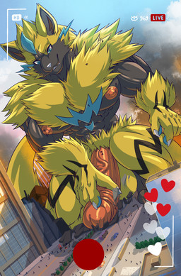 anthro big_penis blue_eyes city destruction erection fur genitals heart_symbol kneeling livestream macro male muscular muscular_male nipples pecs penis penis_grab vein veiny_penis whiskers worship yellow_body yellow_fur daru_brek nintendo pokemon felid generation_7_pokemon legendary_pokemon mammal pokemon_(species) zeraora absurd_res hi_res
