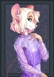 alternative_fashion anthro big_ears clothed clothing female fully_clothed goth green_eyes iridescent iridescent_dress looking_at_viewer nails pastel_goth smile solo translucent translucent_clothing zelionka mammal mouse murid murine rodent half-length_portrait hi_res portrait