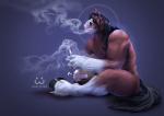 anthro biceps biped black_hair black_hooves black_tail blaze_(marking) blue_background bong brown_body brown_fur drugs facial_markings feathering fur green_eyes hair head_markings hooves long_hair looking_at_viewer male markings multicolored_body multicolored_fur muscular muscular_anthro muscular_male nude simple_background sitting smoke smoking snout solo stoned substance_intoxication tail two_tone_body two_tone_fur white_body white_fur white_markings senor_nutria brett_(bluefoxyboi) clydesdale draft_horse equid equine horse mammal 2018 digital_media_(artwork) hi_res