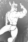 abs anthro biceps big_muscles black_nose claws clothed clothing facial_hair fur hair male muscular muscular_anthro muscular_male pecs simple_background smile solo kihu solaxe kangaroo macropod mammal marsupial 2017 2:3 greyscale monochrome