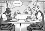 anthro background_character beastars clothing domestic_rabbit duo eating fan_character food harlequin_rabbit hi_res hybrid lagomorph lee_(greatlizardwizard) legoshi's_chimera_(beastars) leporid lunch male mammal monochrome oryctolagus oscar_(greatlizardwizard) overweight overweight_anthro overweight_male profanity rabbit salad school_uniform split_color sunny_frostwolf thought_bubble uniform