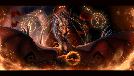 4_horns accessory ambiguous_gender black_bars black_markings blue_body blue_scales blue_tail claws countershade_torso countershading feral fire flag front_view furgonomics hair horn horn_accessory looking_at_viewer magic magic_circle markings membrane_(anatomy) membranous_wings multi_horn open_mouth scales smile snout solo sparks tail tail_tuft teeth tuft white_body white_countershading white_hair wing_claws wings yellow_eyes yellow_markings skaydie european_mythology mythology dragon mythological_creature mythological_scalie scalie western_dragon 2015 digital_media_(artwork) half-length_portrait letterbox portrait